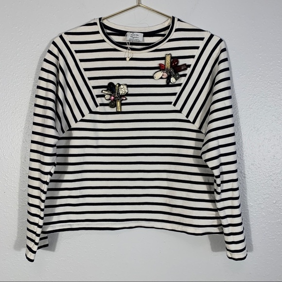 Zara Tops - ZARA Trafaluc Bead Embellished Striped Crop Long Sleeve Blouse Women's Size M